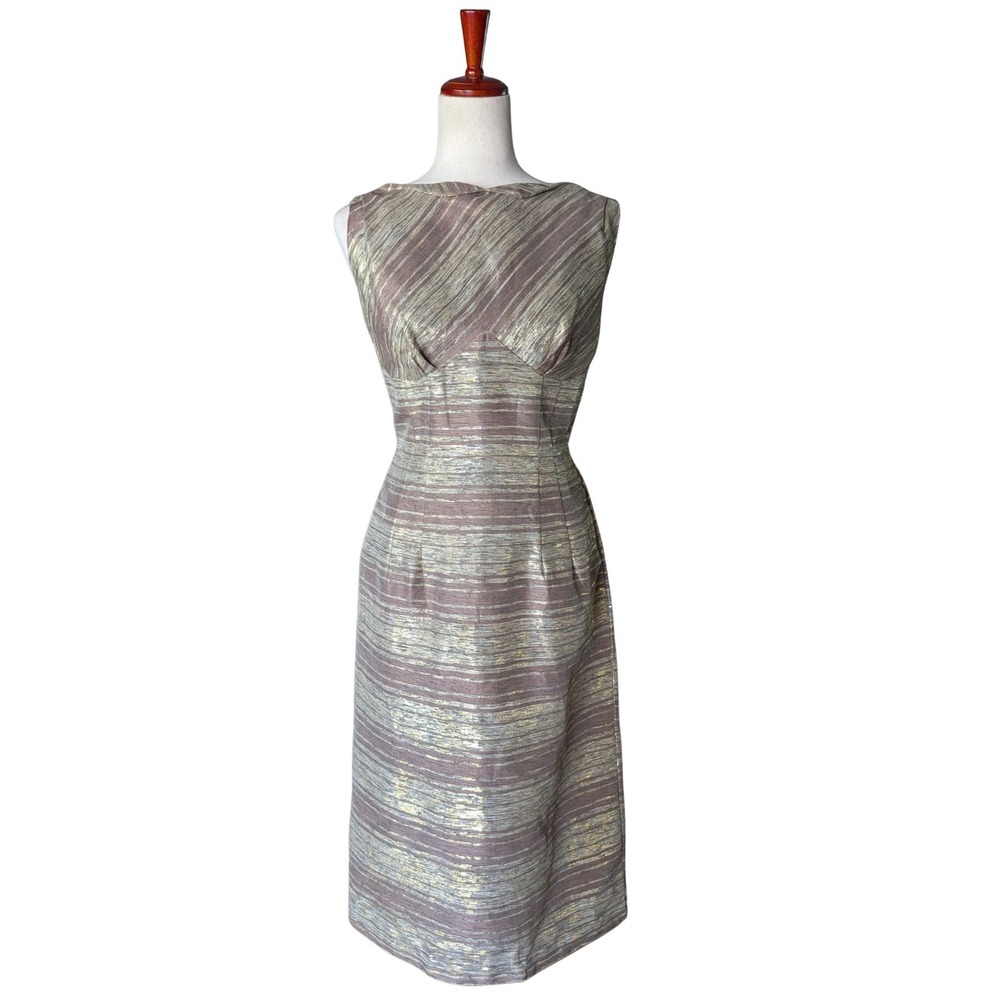 Vintage 50s 60s Metallic Gold Mauve Stripe Sheath Cocktail Dress Side Pockets 13